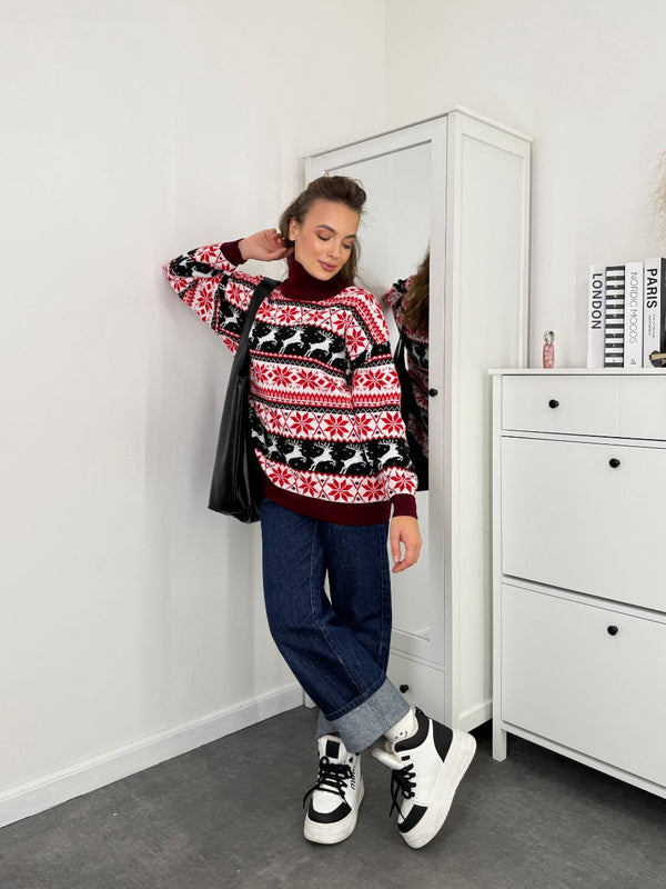 Women's Christmas Sweater №1 Reindeers & Snowflakes