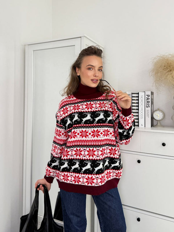 Women's Christmas Sweater №1 Reindeers & Snowflakes