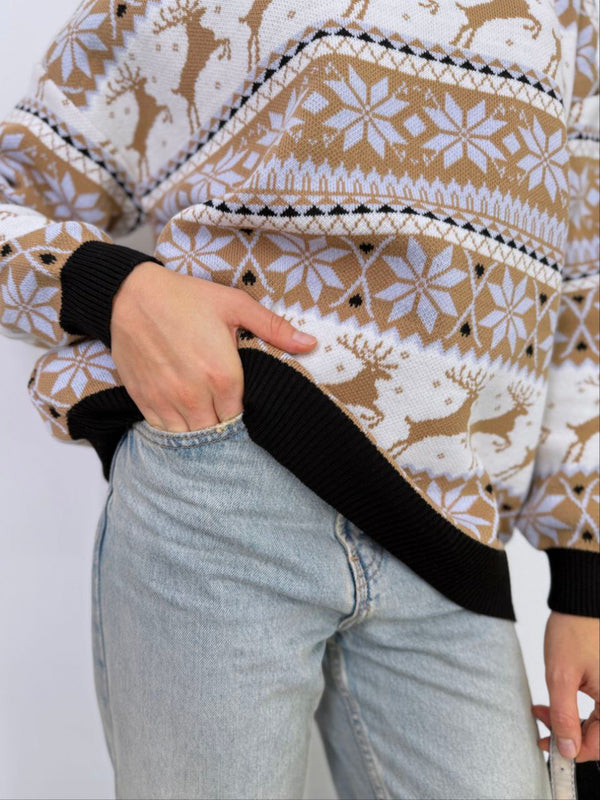 Women's Christmas Sweater №1 Reindeers & Snowflakes