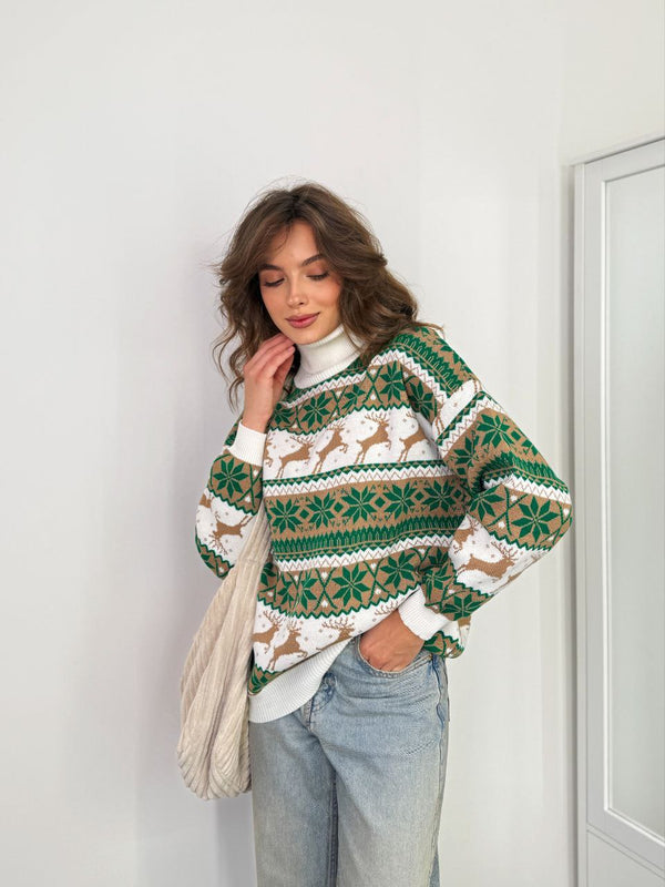 Women's Christmas Sweater №1 Reindeers & Snowflakes