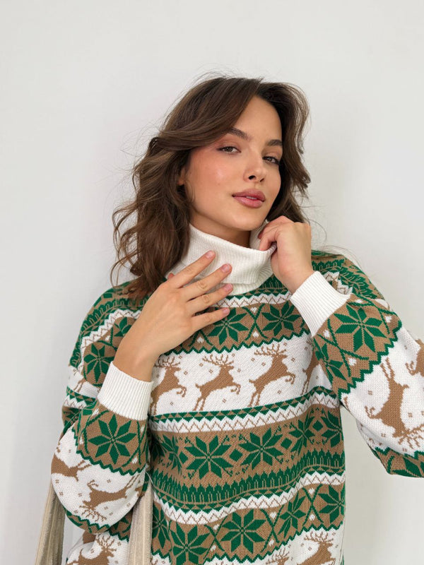 Women's Christmas Sweater №1 Reindeers & Snowflakes